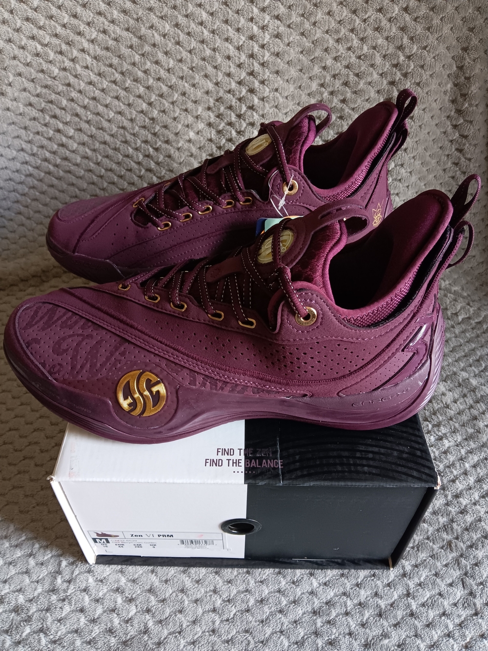 361° Zen VI PRM “Red Wine” Dark BerryCrown Golden Basketball Shoes  Men’s Size10